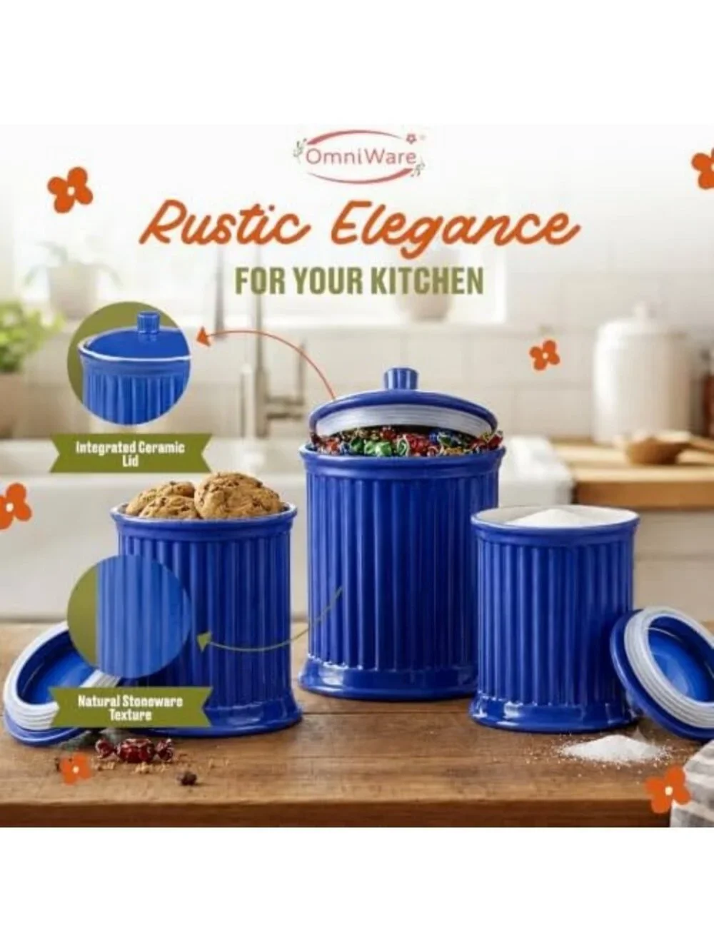 Set of 3 Blue Canisters - 88 Oz Kitchen Storage Containers for Home Organization